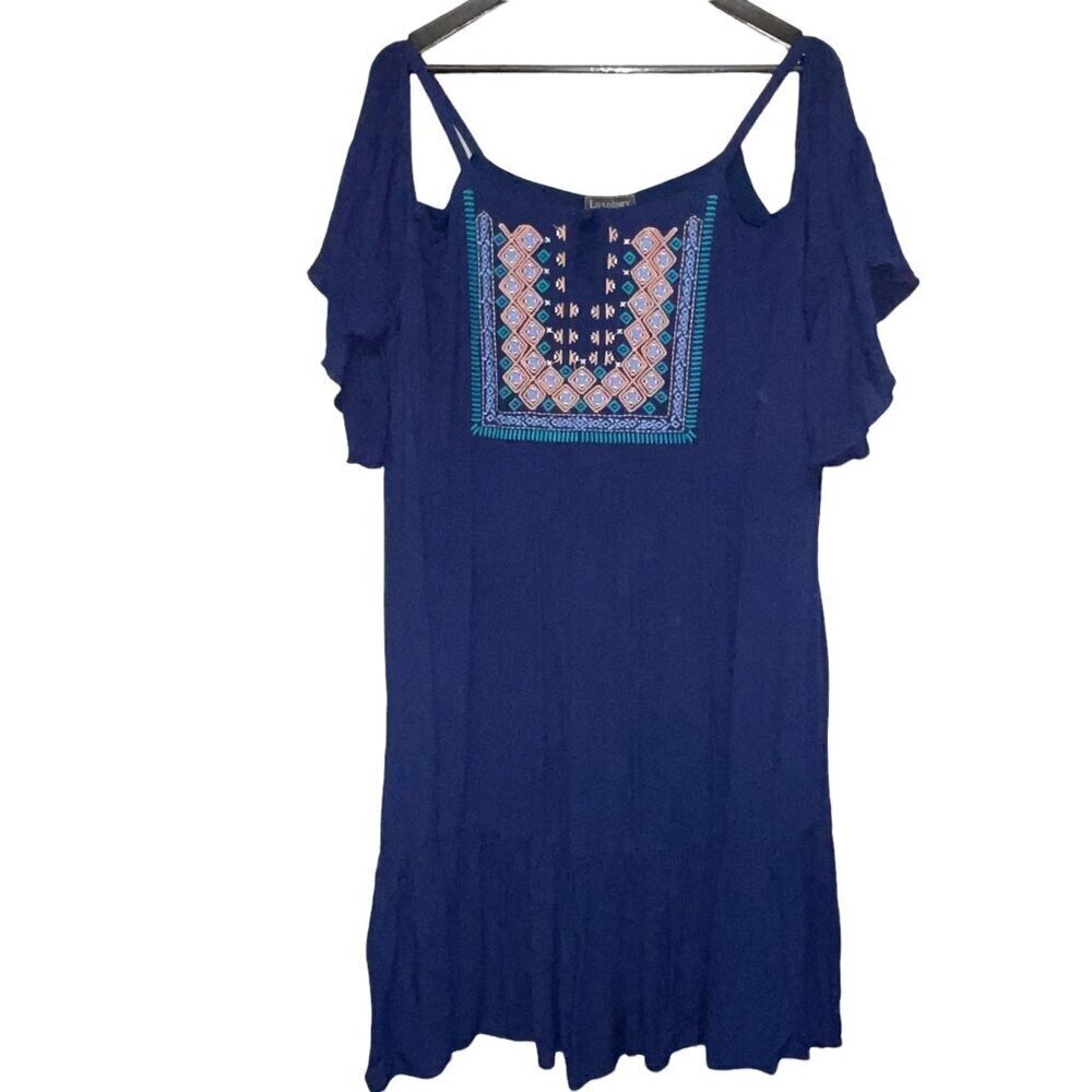 NEW! Luxology Dress Navy Blue Crepe Cold Shoulder Embroidered Dress Women's 18